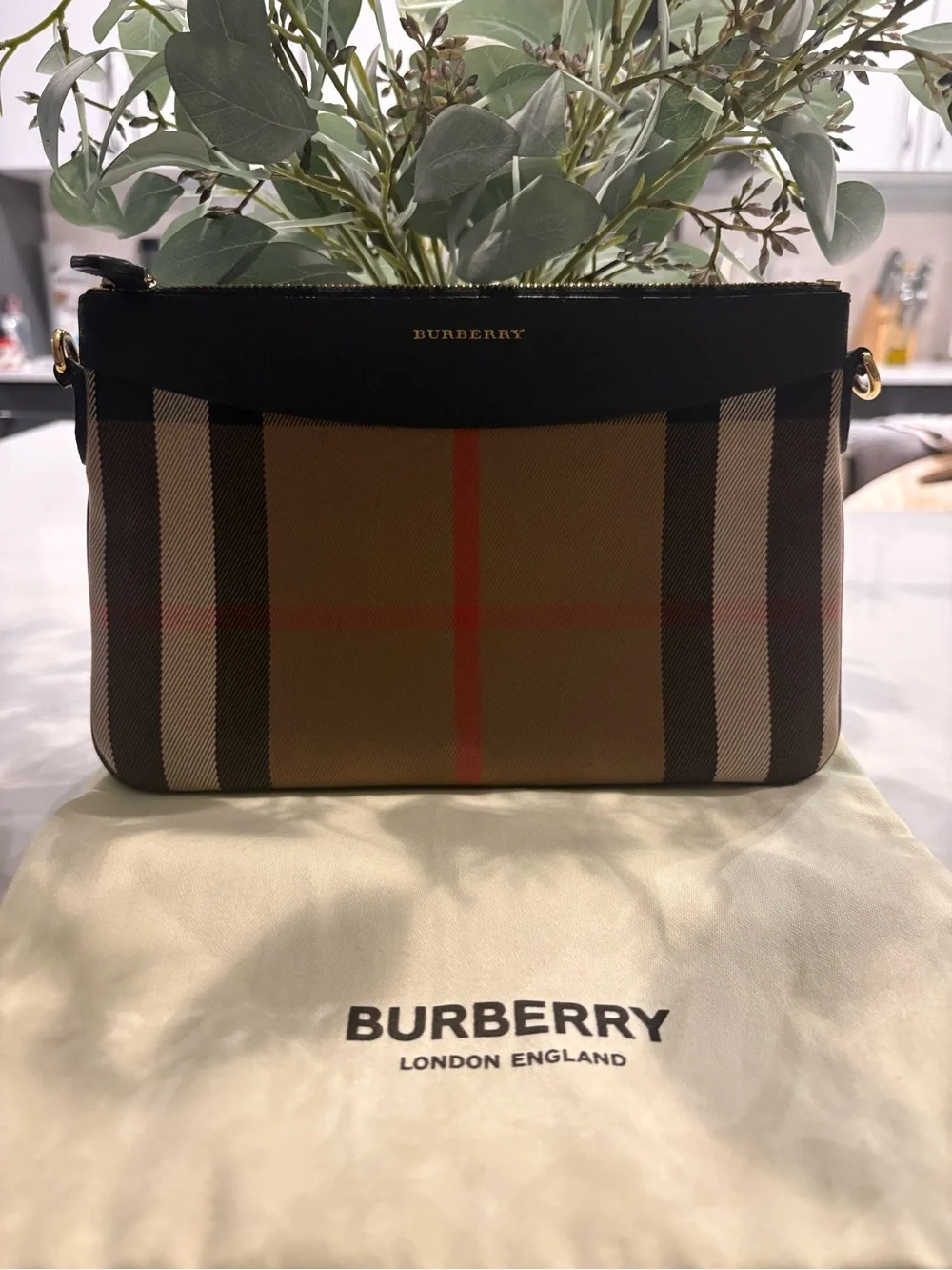 Authentic Burberry Tan Vintage Check Messenger Bag with Black Trim